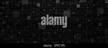 Black and white fui HUD grid background. Hi tech GUI digital dashboard interface. Futuristic VR game ai screen. Mesh pattern in blueprint style. Vecto Stock Vector