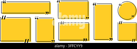 Quote box title pack isolated. Yellow geometric shapes speech quotation mark frames. Text talk info message box borders. Dialog mark speech quotes ico Stock Vector