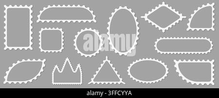 Pack of scalloped white postage frames isolated. Outline border template. Simple minimalist label text box. Blank scallop edge stamp mockup. Vector il Stock Vector