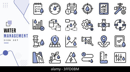 Water management utility supply system filled outline line icon set collection Stock Vector