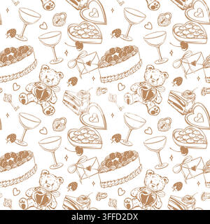 A seamless pattern with Valentine's Day gifts for your loved one. Vector background featuring a teddy bear, chocolate, roses, and cake in Coquette style. Clip art for wrapping paper. Ink sketch style Stock Vector