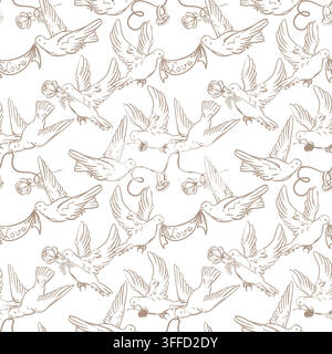 Seamless wedding pattern. Vector image of flying doves. White doves hold betrothal rings. Symbol of love and fidelity. Valentine's Day clipart. Outline drawing. Coquette style background. Stock Vector