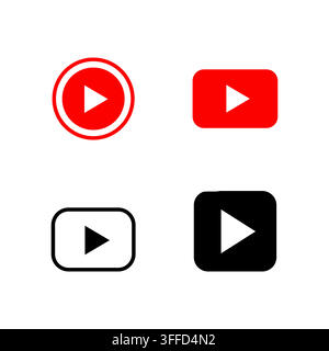This set features four distinct play button variations in red and black, displayed as flat minimalist vector icons against a clean white background, p Stock Vector