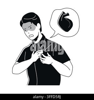 Man Having Heart Attack - black and white flat design illustration Stock Vector