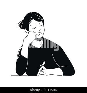 Tired and Irritated Woman - black and white flat design illustration Stock Vector