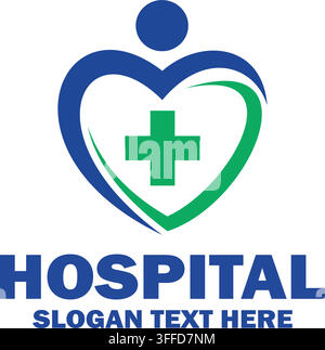 A professional medical hospital logo featuring a heart shape and a green cross icon Stock Vector