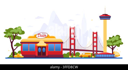 American Roadside Scene - Colorful Flat Design Illustration Stock Vector