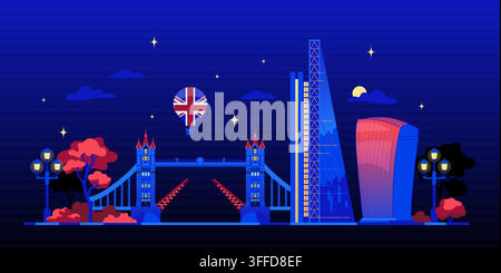 London Night Skyline - Flat Design Illustration Stock Vector