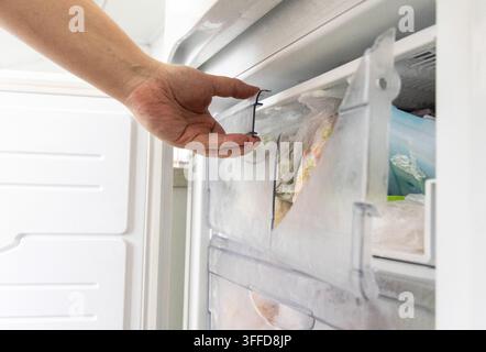 Close-up view of person hand carefully removing a fractured transparent plastic shelf from freezer interior. Frost and frozen items visible inside ref Stock Photo
