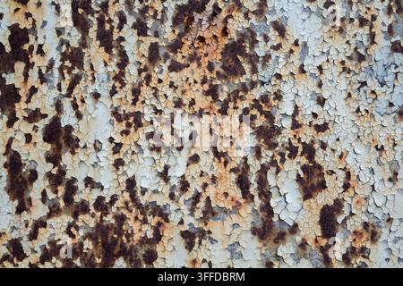 Abstract close-up of corroded metal with peeling paint, layered rust and blue-grey oxidation creating a weathered industrial background Stock Photo