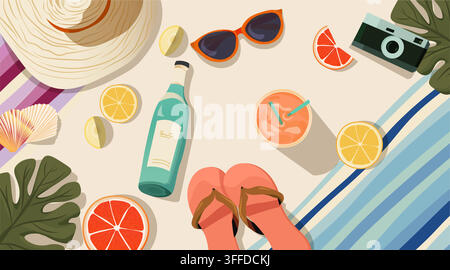 Summer beach essentials hat sunglasses flip flops drink fruits camera shells striped towel tropical leaves flat lay top view Stock Vector
