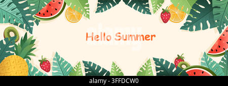 Hello summer tropical fruits leaves border watermelon pineapple orange kiwi strawberry flat banner template Stock Vector