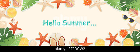 Hello summer tropical beach background starfish citrus leaves seashells sunglasses border pastel colors horizontal banner Stock Vector