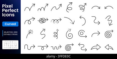 Curved Arrow line icon set. Pointing, bounce, spiral, tangled route, redirect, rebound, detour motion symbols minimal vector illustration. Simple Stock Vector