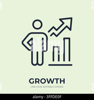 Growth line icon. Business progress linear vector illustration. Thin sign of person beside rising chart arrow for success, career, revenue Stock Vector