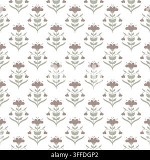 Floral ornament, seamless pattern. Vector illustration. Geometric pattern of purple flowers and green leaves, isolated on background. For decorating t Stock Vector