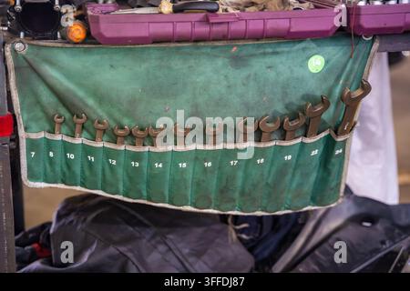 Open end wrench set arranged by size in tool organizer at auto repair shop. Mechanic hand tools represent car maintenance service and garage work Stock Photo