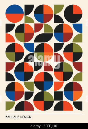 A vibrant Bauhaus-inspired geometric pattern featuring abstract circles, semi-circles, and squares in a bold, colorful, and minimalist mid-century mod Stock Vector