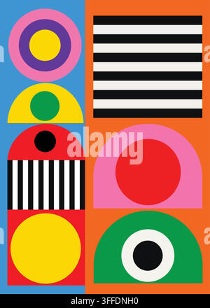 Modern abstract art featuring geometric shapes including circles, semicircles, and stripes in vibrant colors like red, yellow, pink, green, blue, and Stock Vector