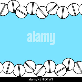 Round white cure pills, aspirin, antibiotics and painkiller drugs. Pharmacy seamless border horizontal Frame template hand drawn illustration. Vector Stock Vector
