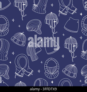 Seamless Pattern with White Outline Knitted Winter Hats, Headwear on Dark Blue Background. Vector Illustration. Repeat Hand Drawn Texture for Christma Stock Vector
