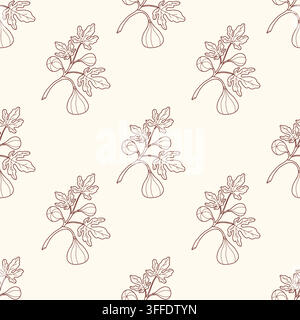 Fig Branch Seamless Pattern. Line Art Botanical Texture with Ripe Fruits and Leaves on Light Beige Background. Hand Drawn. Vector Illustration. Minima Stock Vector