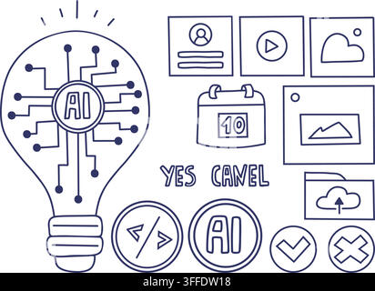 Artificial Intelligence Doodle Set. AI Lightbulb, Neural Circuit, Digital Interface Icons, Code, Cloud Upload, Media Tools, Check And Cancel Symbols, Stock Vector
