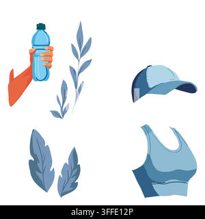 Sport and hydration flat set with water bottle, cap, sports bra, and leaves. For eco-friendly branding, gym logos, sportswear design, healthy lifestyl Stock Vector