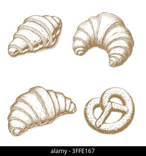 Set of bakery products, including different croissants and classic salty pretzel. Vector illustration. For printing packages of bakeries,coffee shops, Stock Vector