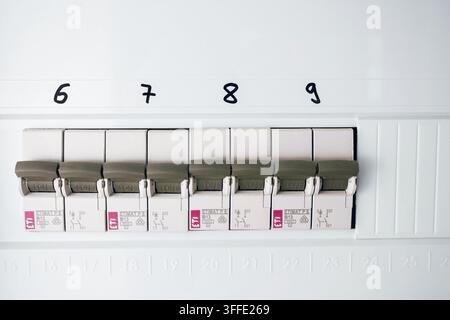 Close up of a modern residential electrical distribution panel with circuit breakers, safety switch and numbered circuits Stock Photo