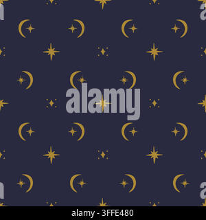 Seamless celestial pattern with golden crescent moons and twinkling stars scattered on dark navy background. Elegant magical vector repeat Stock Vector