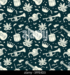 Seamless carnival pattern with musical instruments, jester hat and feathered masks on black background. Monochrome festival vector wallpaper Stock Vector