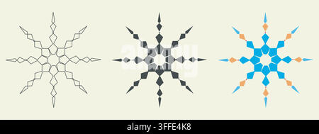 Snowflake symbol icon set. Black flat silhouette, outline, colorful elements collection, abstract modern geometric irregular isolated shapes. Stock Vector