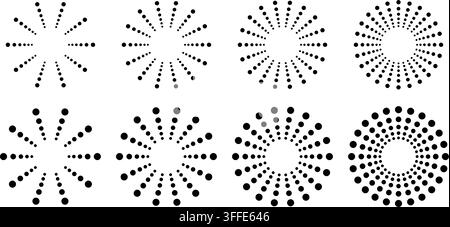 Circular halftone sunburst with dot rays radiating from center. Pattern featuring radial beams in vintage comic style. Stock Vector