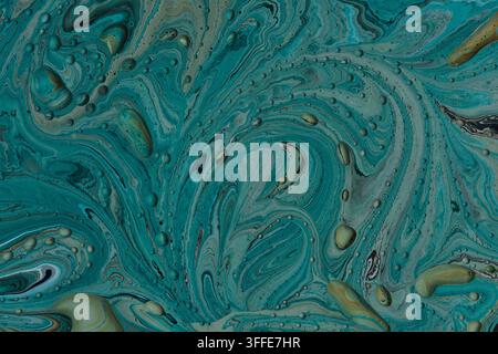 Deep turquoise and grey paint swirls textured with tiny raised bubbles and marble patterns Stock Photo