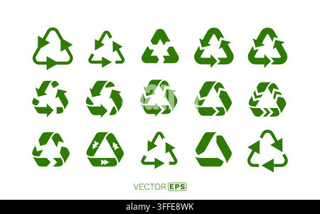 Diverse green recycling symbols collection. A set of eco icons representing sustainability and reuse concepts. Vector illustration. Stock Vector