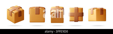3D Set of cardboard boxes with brown tape Stock Vector