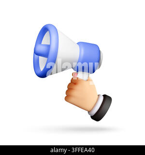 3D Hand holding blue megaphone Stock Vector