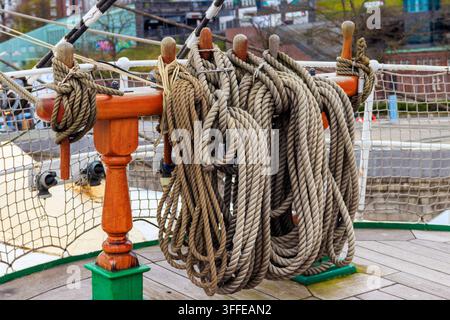 Nautical ropes on a deck of a large  ship Stock Photo