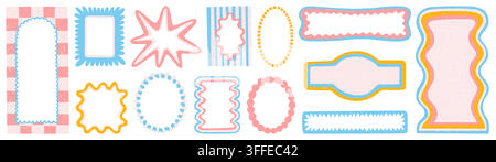 Wavy shape frame set with scalloped edges and cute Y2K retro design. Vector set of playful color crayon borders for kid photos, text box, decorative graphics, retro style geometric collage elements Stock Vector