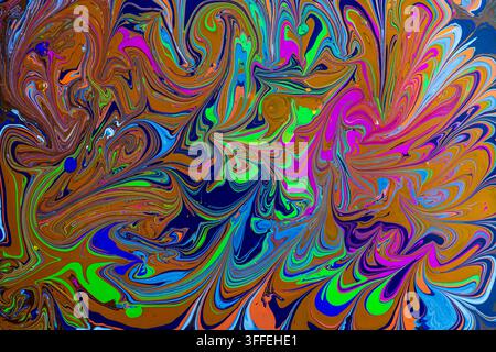 Vibrant neon abstract background with swirling paint marbling effect, psychedelic fluid art texture. High quality photo Stock Photo