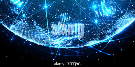 Digital Globe Close Up With Glowing Network And Orbital Lines Stock Vector
