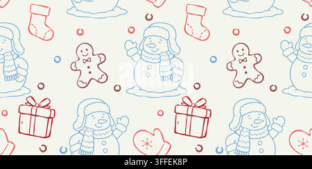 Cozy winter wrapping design with smiling snowmen, gingerbread cookies, stockings, mittens and wrapped gifts in colorful hand drawn outlines. Stock Vector