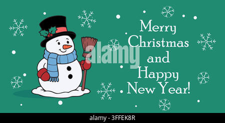 Christmas and New Year greeting card with a cheerful snowman wearing a top hat and scarf, holding a broom and surrounded by falling snowflakes. Stock Vector