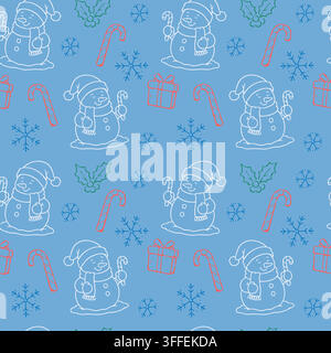Seamless Christmas pattern with cheerful snowmen, candy canes, gift boxes, holly and snowflakes in colorful line art on a light blue background. Stock Vector