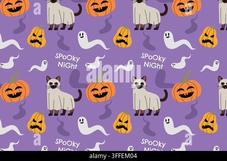 Seamless Halloween pattern with cats in ghost costumes, spooky pumpkins, floating ghosts and playful lettering on a purple background. Stock Vector