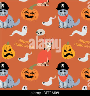 Seamless Halloween pattern with cute cats in pirate and devil costumes, spooky pumpkins, ghosts, skulls and festive lettering on an orange background. Stock Vector