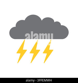 Flat vector illustration of a dark gray storm cloud with three yellow lightning bolts isolated on a white background for weather icons. Stock Vector