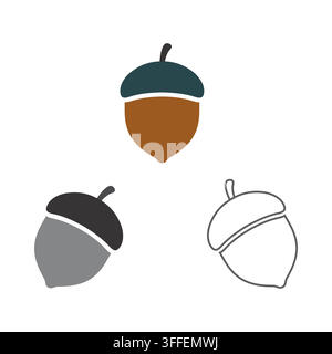 Minimalist acorn vector icon set featuring color, grayscale, and linear outline versions for autumn and nature-themed graphic designs. Stock Vector
