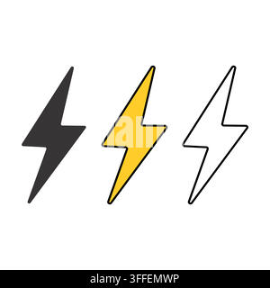 Set of three lightning bolt icons featuring solid black, yellow fill, and outline stroke styles isolated on white background. Stock Vector